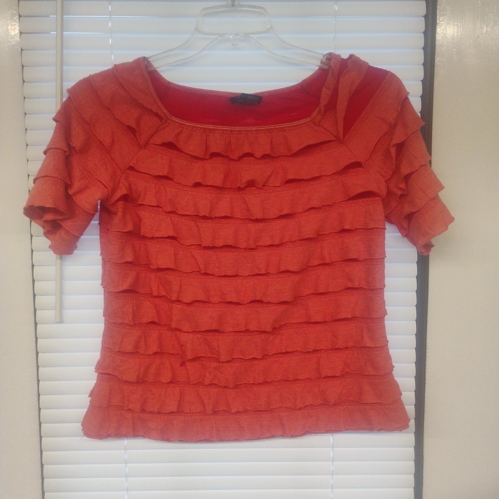 New Directions Women’s Medium Rustic Orange Ruffled Flowy Blouse Y2K Coquette